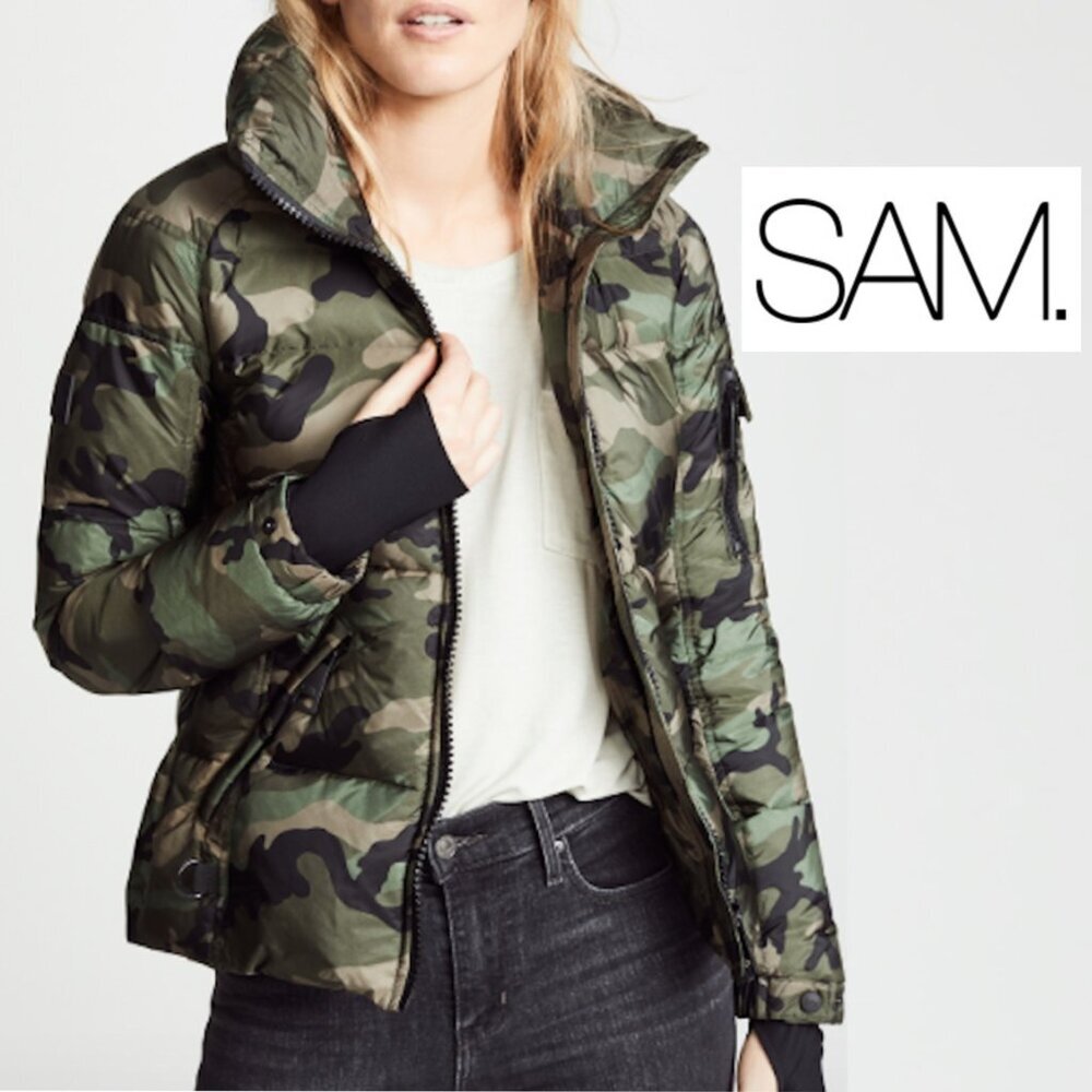 SAM. Medium Camo Jacket Puffer Down Bomber Freestyle Zip Quilted Green Brown Tan - Picture 2 of 16
